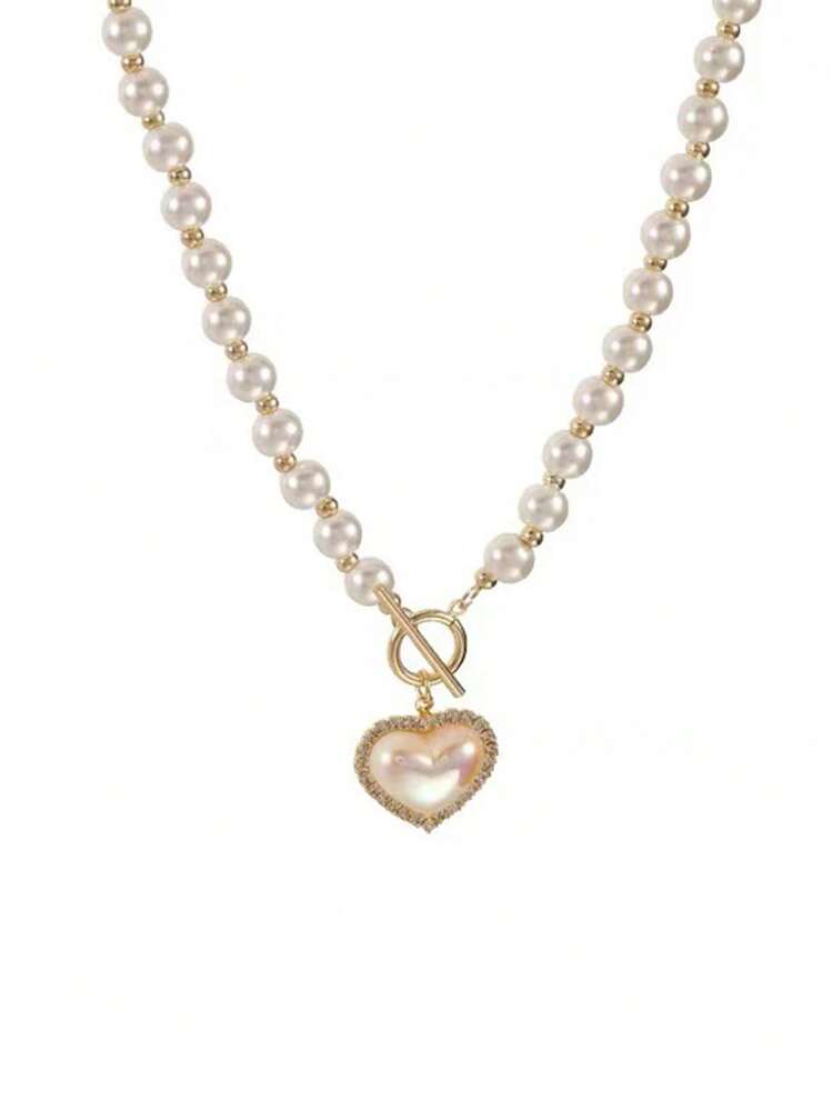 Faux Pearl Decor Heart Charm OT Buckle Necklace Valentines,Mom,Mother,Mother's Day,Gift