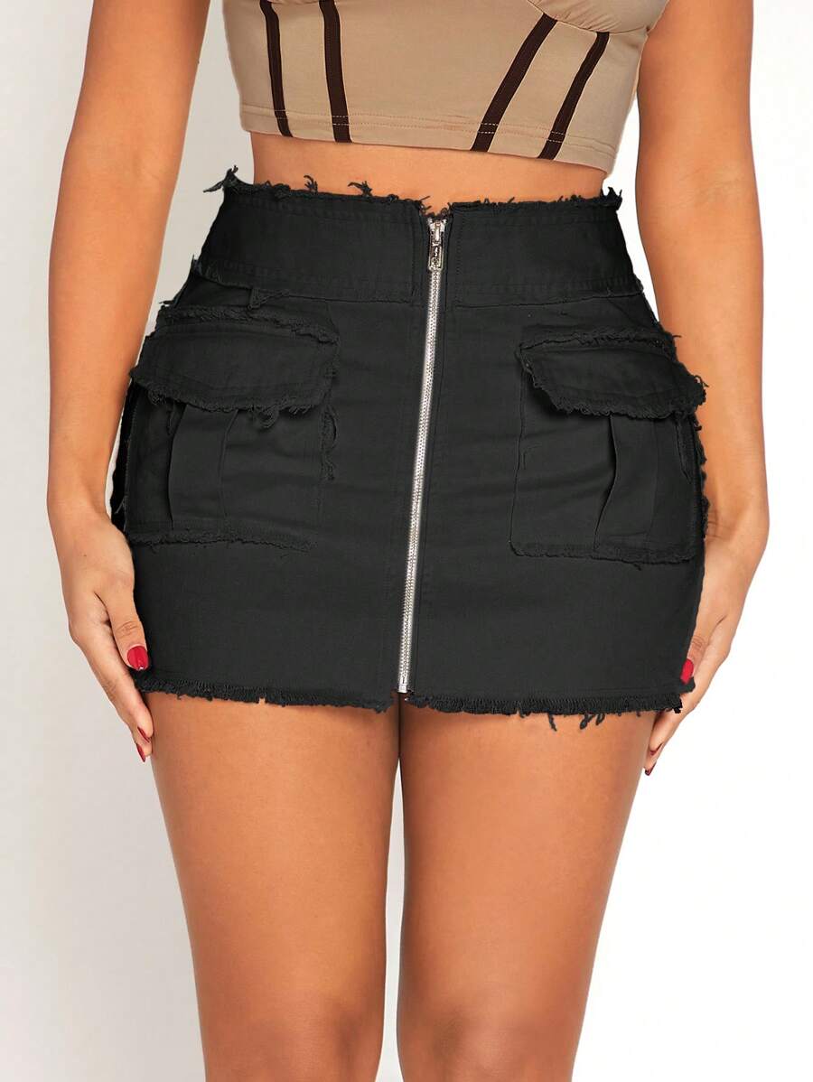 SHEIN SXY Flap Pocket Raw Trim Bodycon Skirt - Black - View 1