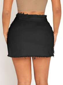 SHEIN SXY Flap Pocket Raw Trim Bodycon Skirt - Black - View 2