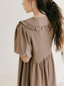 DAZY 誇大領口泡泡袖娃娃裙 - 卡其色 - 查看 2