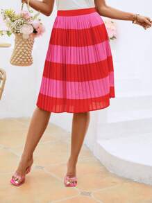 SHEIN VCAY Two Tone Pleated Skirt - Multicolor - View 3