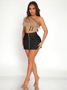SHEIN SXY Flap Pocket Raw Trim Bodycon Skirt - Black - View 5