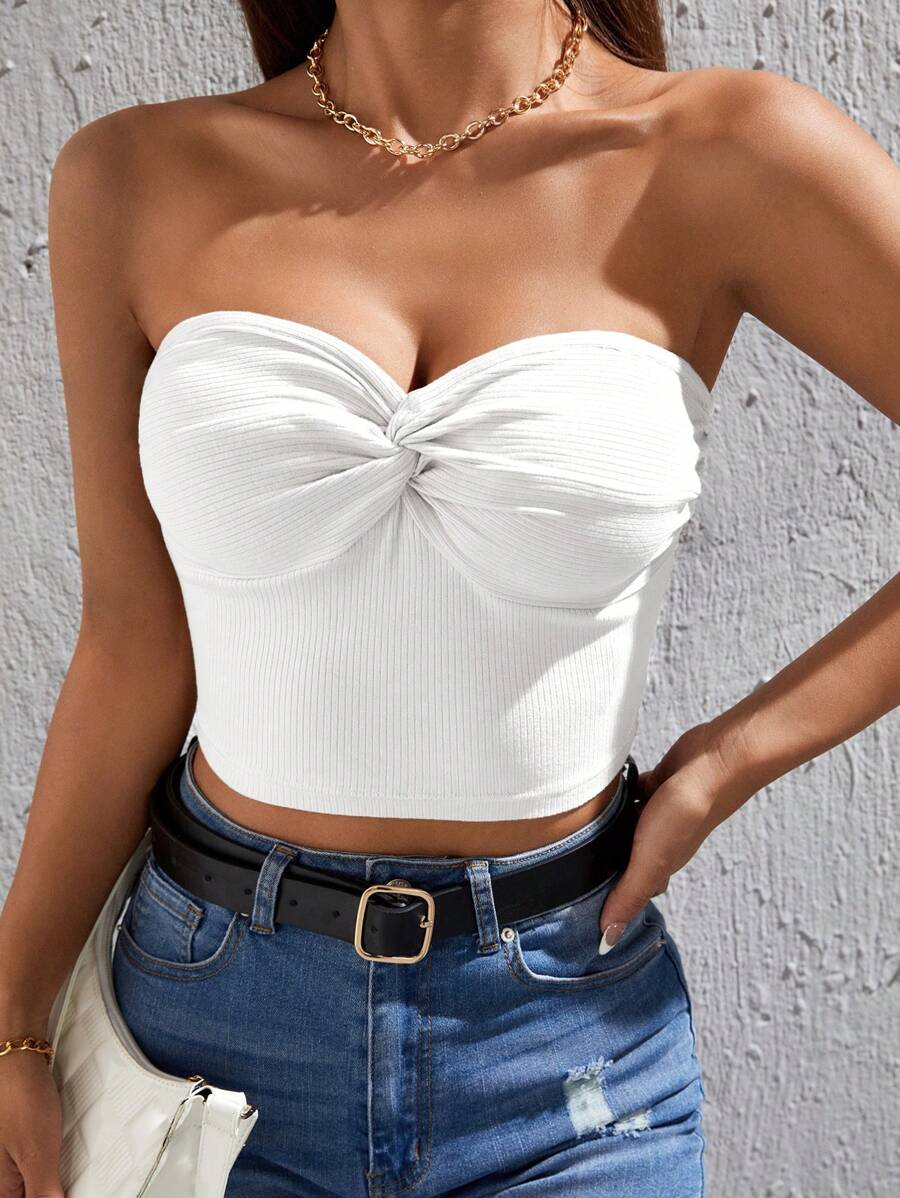 SHEIN PETITE Áo nữ xoắn lại Gân đan màu trơn Giải trí