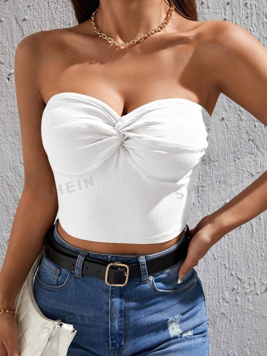 SHEIN PETITE Twist-Vorderseite Crop Tube Top, für zierliche Frauen - Weiss - Übersicht 1