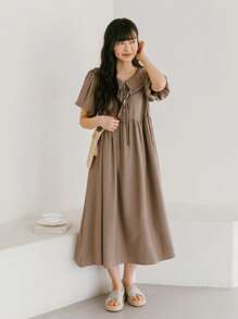 DAZY 誇大領口泡泡袖娃娃裙 - 卡其色 - 查看 3