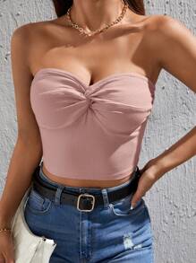 SHEIN PETITE Twist Front Crop Tube Top - Dusty Pink - View 1