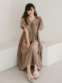 DAZY 誇大領口泡泡袖娃娃裙 - 卡其色 - 查看 10