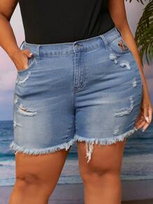 SHEIN CURVE+ 大碼花卉刺繡破洞毛邊牛仔短褲 - 淺色水洗藍 - 查看 1