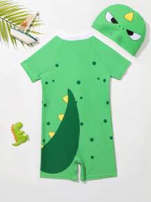 Baby Cartoon Graphic Zip Front One Piece Swimsuit With Swim Cap - Green - View 1