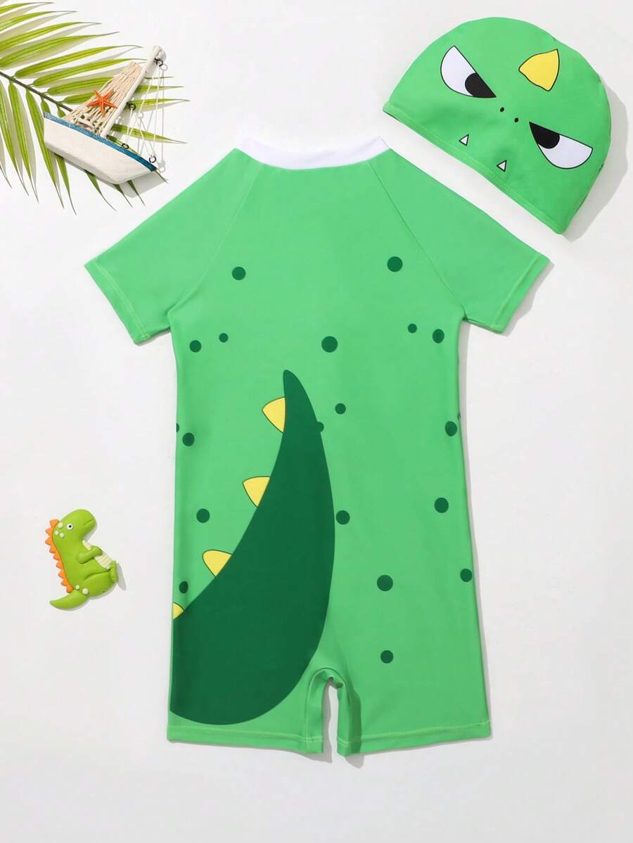 Baby Cartoon Graphic Zip Front One Piece Swimsuit With Swim Cap - Green - View 1
