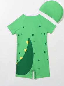 Baby Cartoon Graphic Zip Front One Piece Swimsuit With Swim Cap - Green - View 2