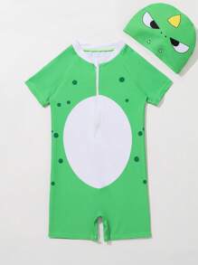 Baby Cartoon Graphic Zip Front One Piece Swimsuit With Swim Cap - Green - View 3