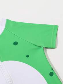 Baby Cartoon Graphic Zip Front One Piece Swimsuit With Swim Cap - Green - View 4