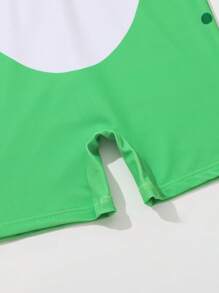Baby Cartoon Graphic Zip Front One Piece Swimsuit With Swim Cap - Green - View 5