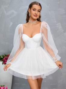 PARTHEA Sweetheart Neck Lantern Sleeve Mesh Overlay Boning Bustier Dress White Elegant Long Sleeve Prom Semi Formal Wedding Guest Dress, For Birthday, Graduation, Homecoming Party Dress - White - View 1