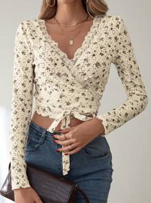 SHEIN Frenchy Áo thun nữ Tương phản Mesh Thêu Trọn gói Thắt nơ trước Họa tiết hoa Giải trí - Nhiều màu - Xem 4