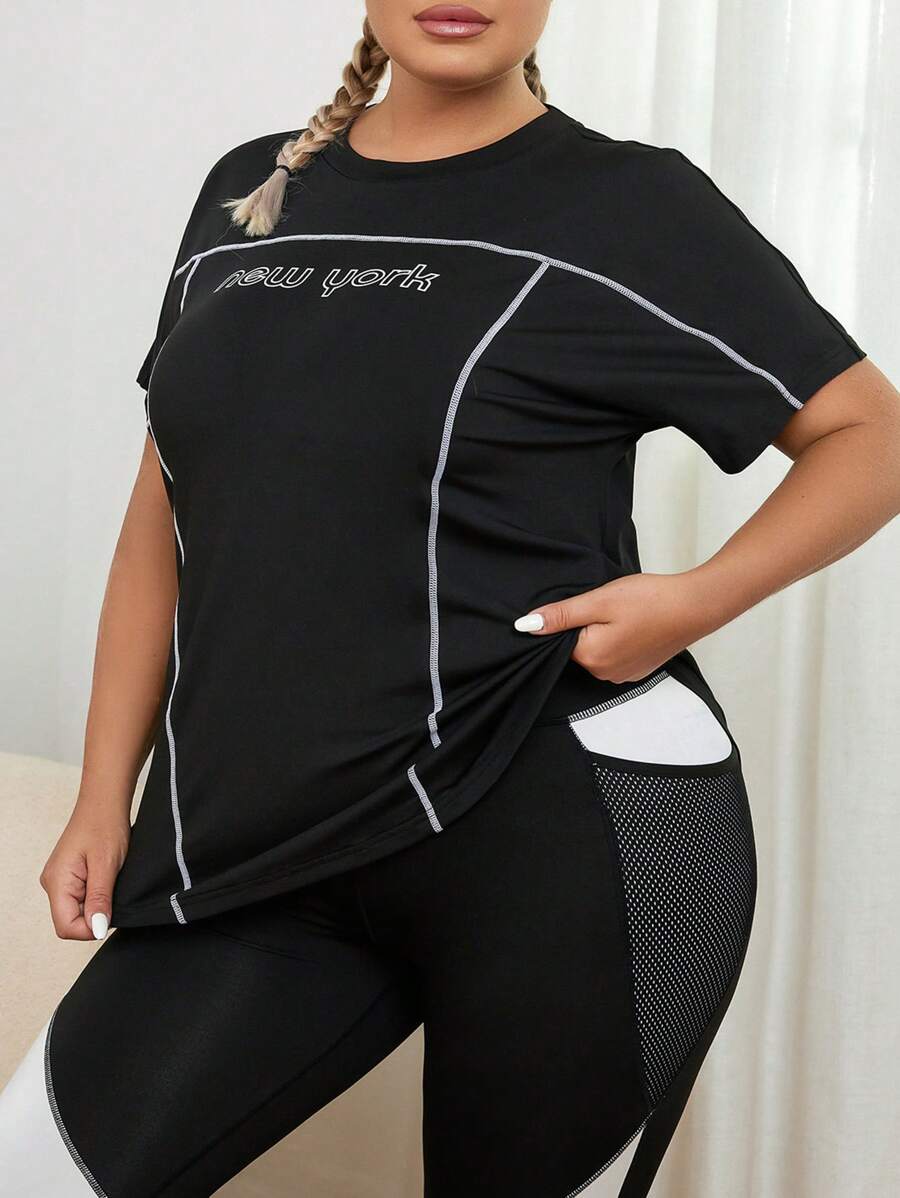 Gameset SHEIN Sport Plus Letter Graphic Top Stitching Sports Tee - Black - View 1