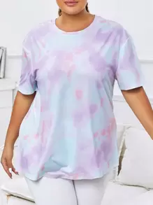 SHEIN Daily&Casual Plus Tie Dye Drop Shoulder Sports Tee - Multicolor - View 1