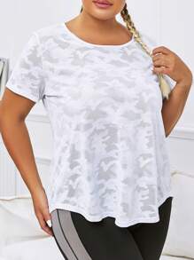 SHEIN Daily&Casual Plus Camo Print Cut Out Split Hem Sports Tee - White - View 5
