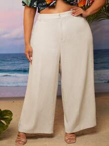 SHEIN CURVE+ Plus High Waist Wide Leg Trousers - Beige - View 3