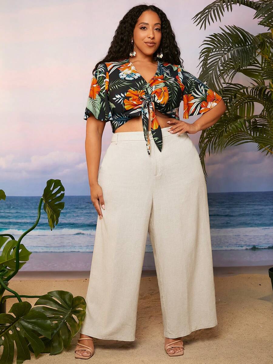 SHEIN CURVE+ Plus High Waist Wide Leg Trousers - Beige - View 1