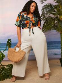 SHEIN CURVE+ Plus High Waist Wide Leg Trousers - Beige - View 2