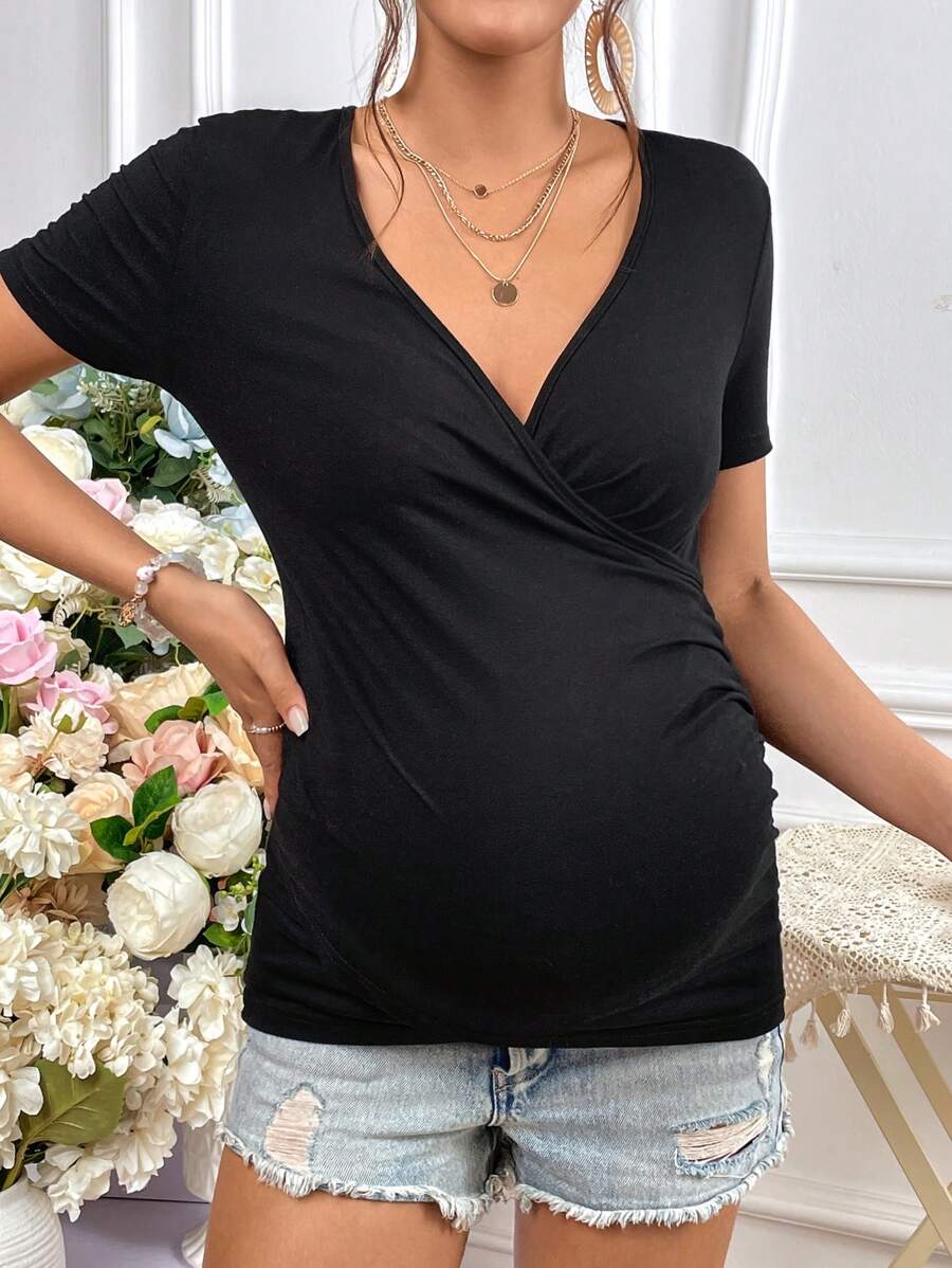 SHEIN Maternity Solid V Neck Tee - Black - View 1