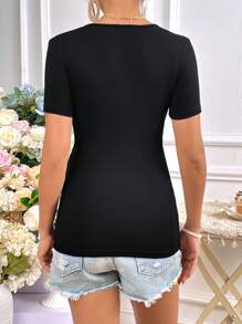 SHEIN Maternity Solid V Neck Tee - Black - View 2