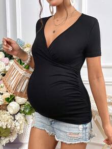 SHEIN Maternity Solid V Neck Tee - Black - View 5