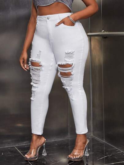 SHEIN SXY Plus High Waist Ripped Skinny Jeans
