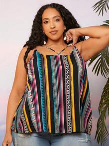 SHEIN CURVE+ 大碼條紋和幾何圖案吊帶上衣 - 彩色 - 查看 3