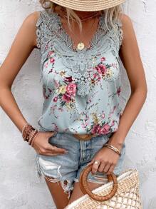 Breezaya Áo sơ mi nữ Tương phản ren Hoa Giải trí - Màu xanh lam - Xem 6