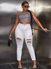 SHEIN SXY Plus High Waist Ripped Skinny Jeans