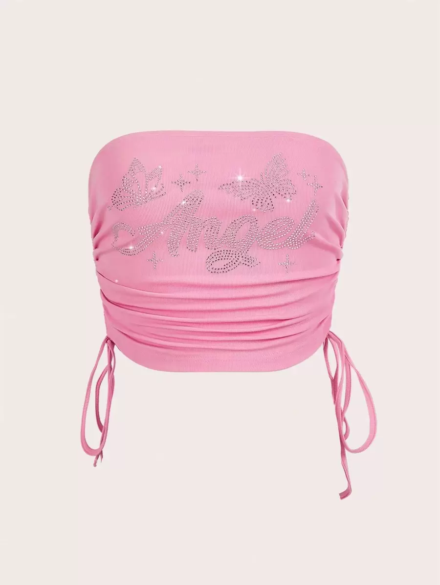 SHEIN EZwear Rhinestone Letter Pattern Drawstring Side Tube Top - Pink - View 1