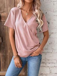 SHEIN LUNE 素色紐扣細節圍裹T恤 - 藕粉色 - 查看 6