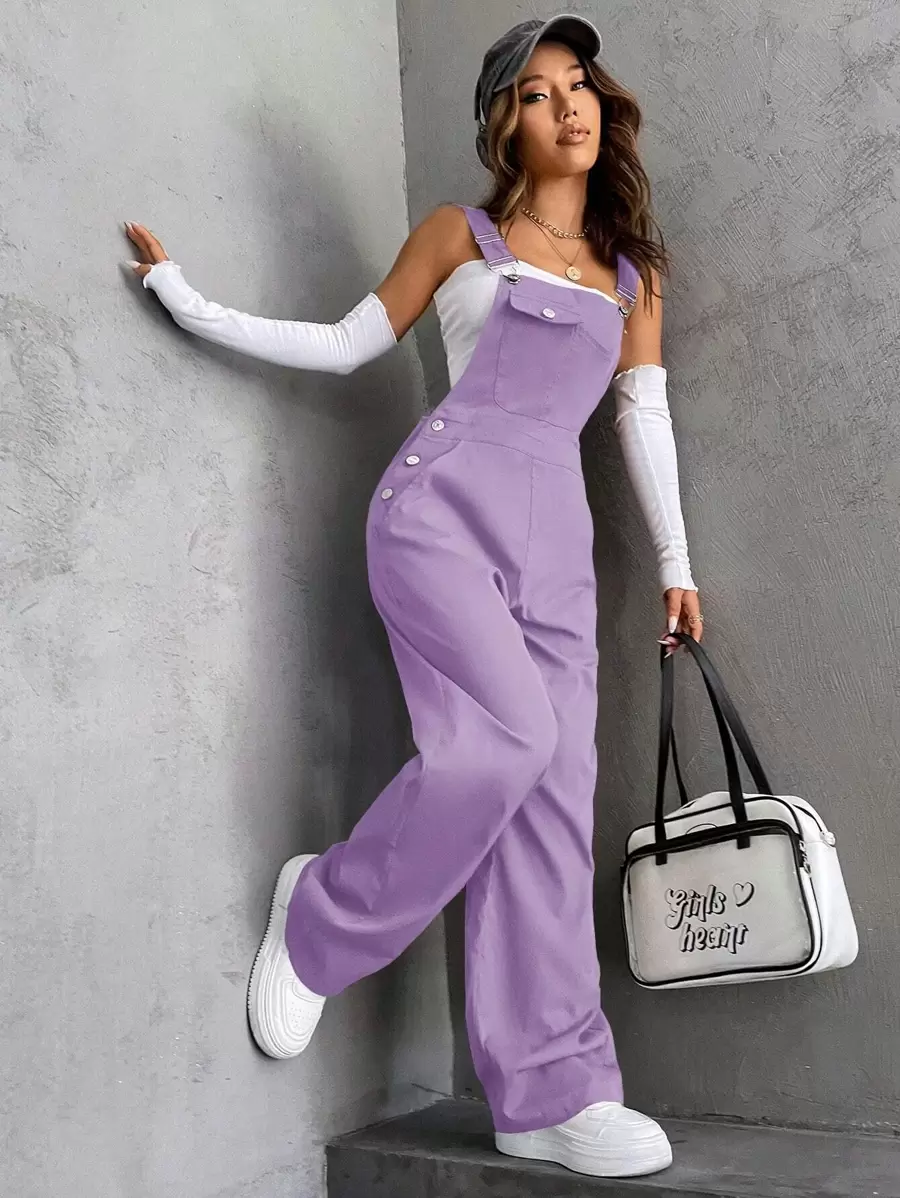 SHEIN Unity Flap Pocket Overall Jumpsuit Without Top - Purple - View 1