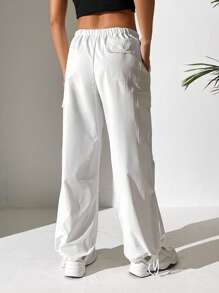 SHEIN PETITE 束口腰帶有蓋口側袋降落傘貨白色褲子 - 白色 - 查看 2