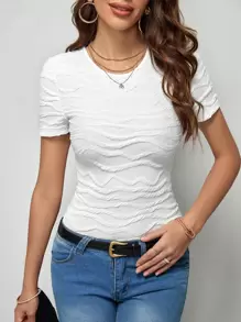 SHEIN Clasi Elegant Dress Women  Solid Round Neck Tee - White - View 3
