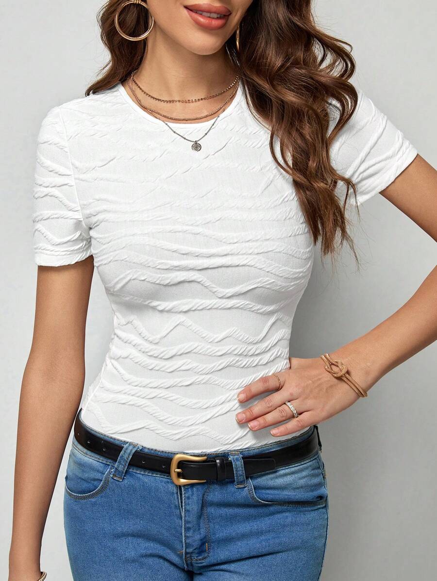 SHEIN Clasi Elegant Dress Women  Solid Round Neck Tee - White - View 1