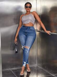 SHEIN SXY Plus High Waist Ripped Raw Cut Skinny Jeans - Medium Wash - View 4