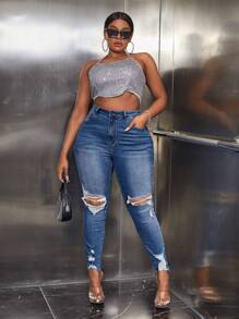 SHEIN SXY Plus High Waist Ripped Raw Cut Skinny Jeans - Medium Wash - View 5