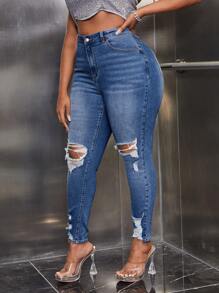 SHEIN SXY Plus High Waist Ripped Raw Cut Skinny Jeans - Medium Wash - View 6