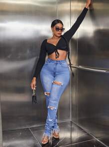 SHEIN SXY Plus High Waist Ripped Fringe Hem Skinny Jeans - Medium Wash - View 6