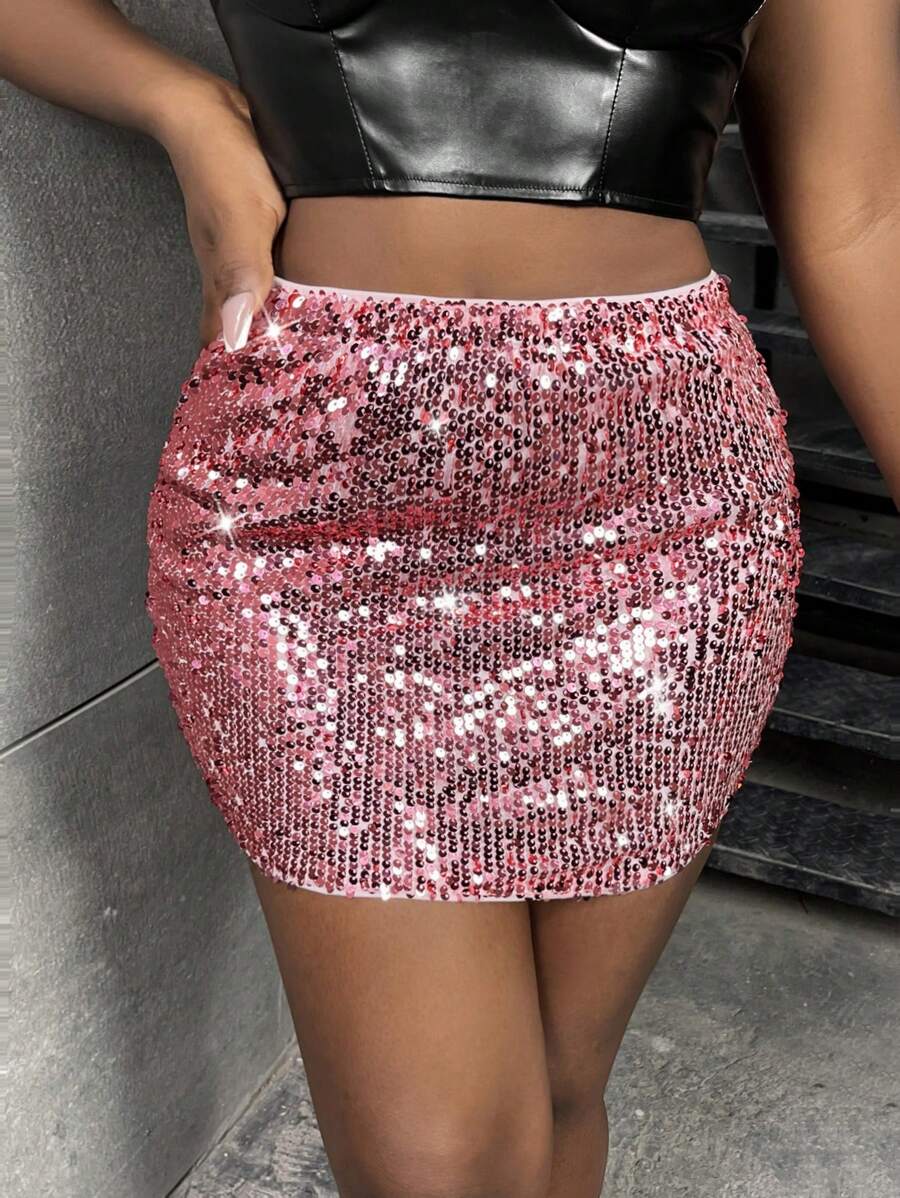 Slaydiva 高腰亮片包臀半身裙 - 玫紅色 - 查看 1