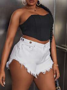 SHEIN SXY 大碼毛邊牛仔短褲 - 白色 - 查看 1