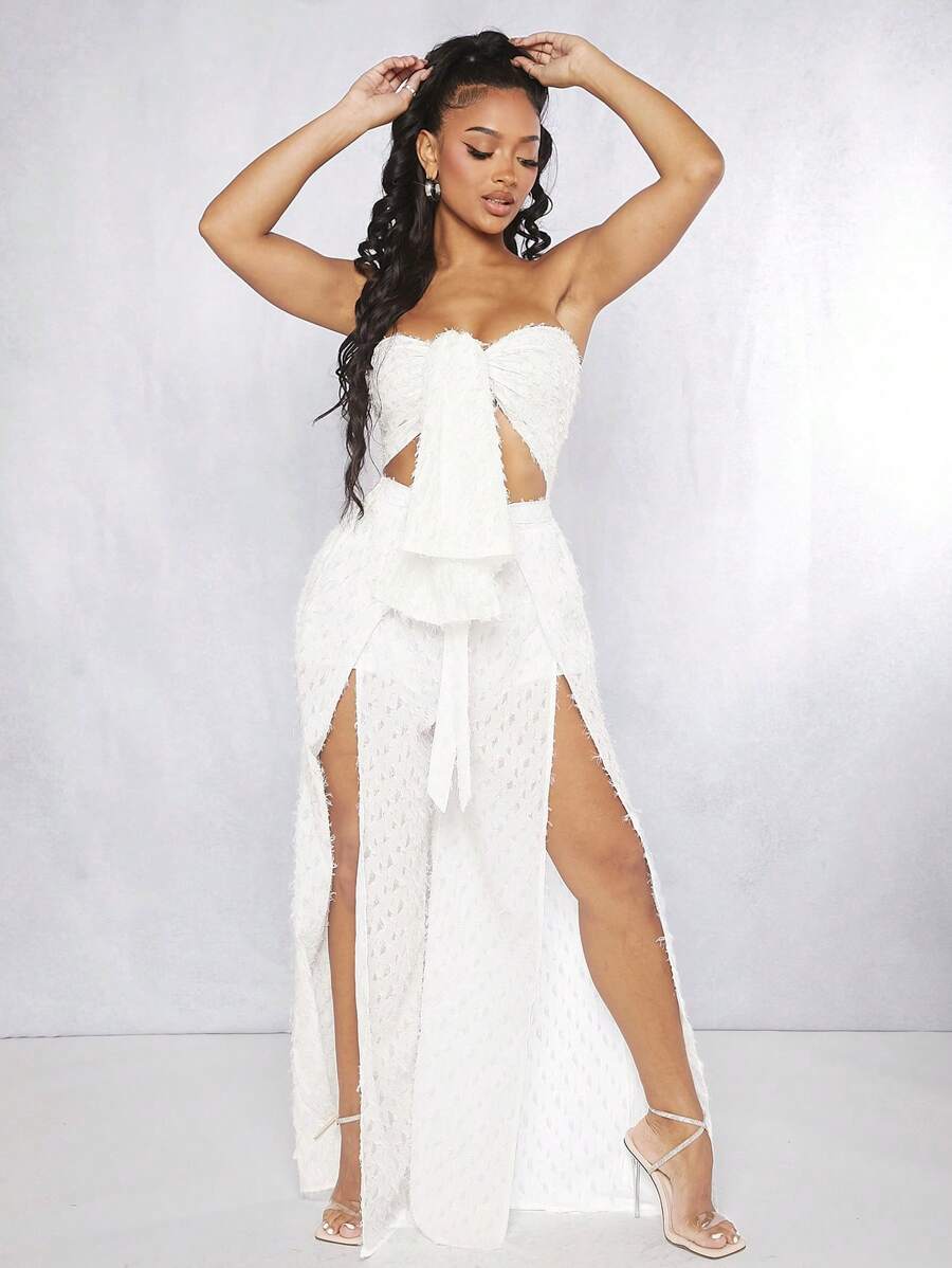 SHEIN SXY Bộ đồ hai mảnh nữ Tách cao Thắt nơ trước màu trơn Gợi cảm - trắng - Xem 1