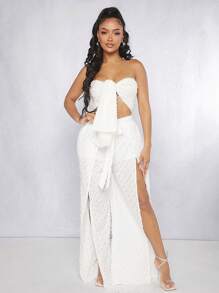 SHEIN SXY Bộ đồ hai mảnh nữ Tách cao Thắt nơ trước màu trơn Gợi cảm - trắng - Xem 3