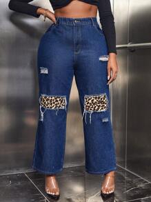 SHEIN SXY Jeans De Pierna Ancha Rasgados Con Estampado De Leopardo En Talla Grande - Azul lavado oscuro - Ver 1