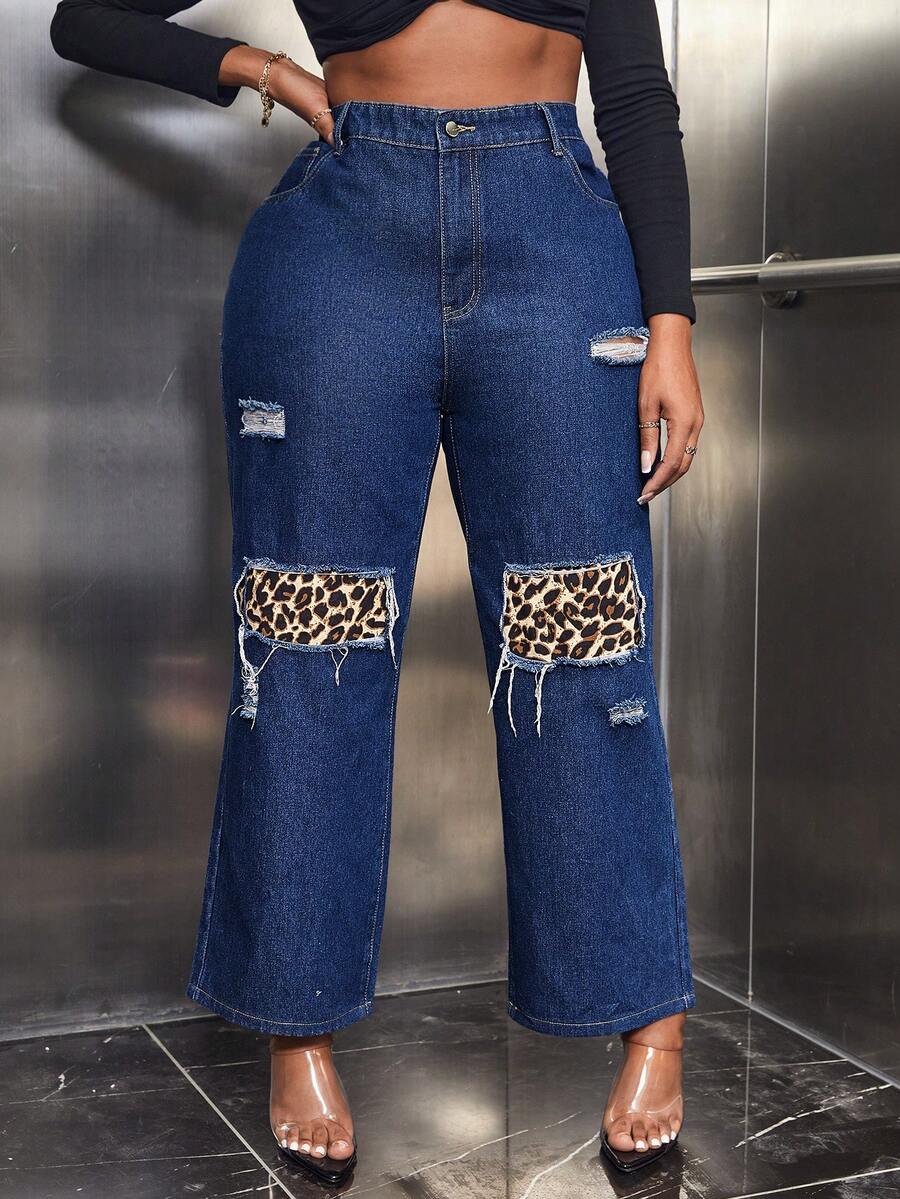 SHEIN SXY Jeans De Pierna Ancha Rasgados Con Estampado De Leopardo En Talla Grande - Azul lavado oscuro - Ver 1