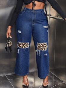 SHEIN SXY Jeans De Pierna Ancha Rasgados Con Estampado De Leopardo En Talla Grande - Azul lavado oscuro - Ver 3